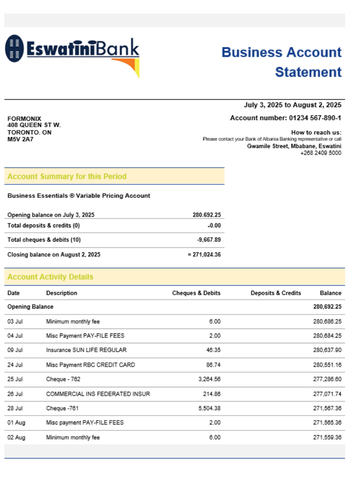 Modèle Word et PDF de relevé de compte courant de la société Swazibank Limited